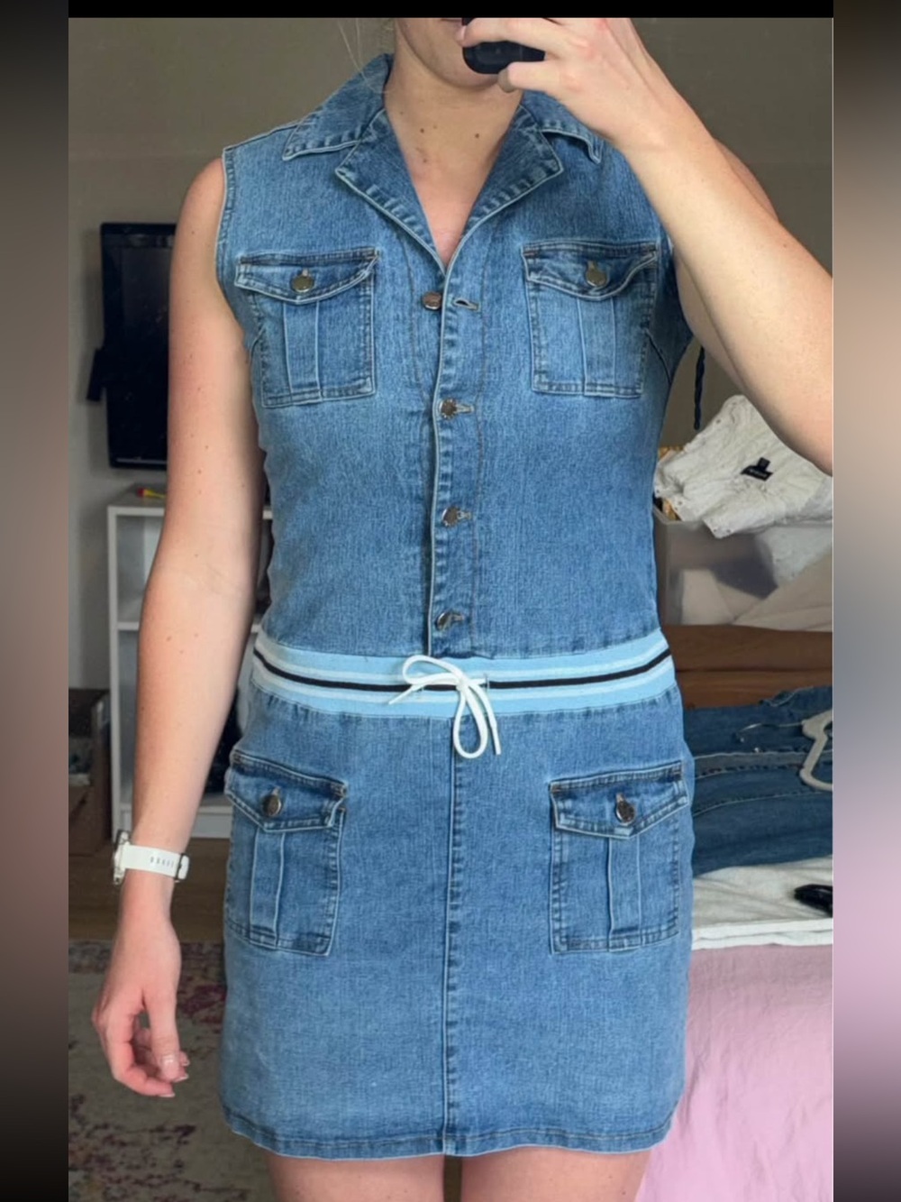 Sleeveless Blue Denim Mini Dress with Stripe Waist